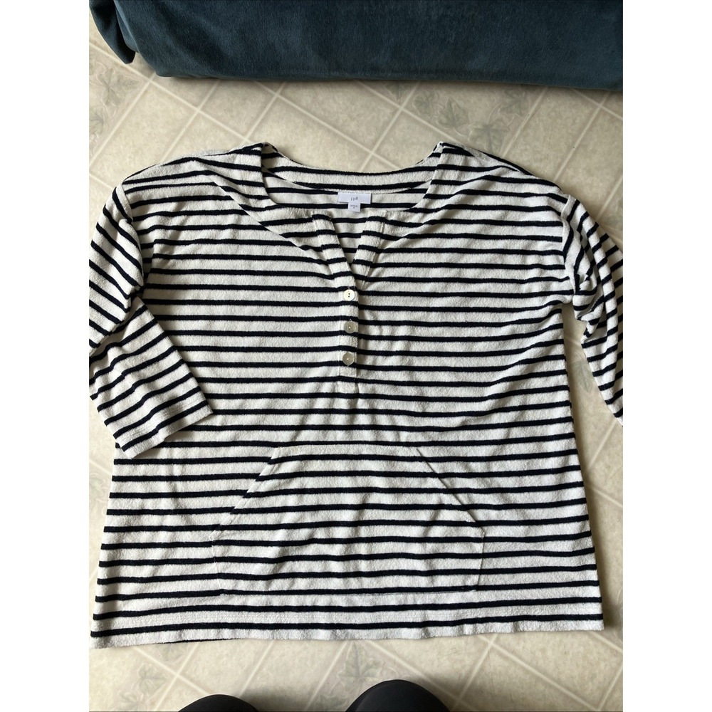 J. Jill French Terry Popover Top Sz M Black White Stripe Kangaroo Pocket‎ loose
